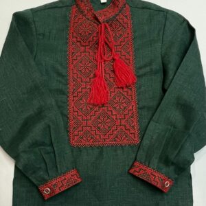 "Зелений льон" вишиванка для хлопчика з червоним орнаментом