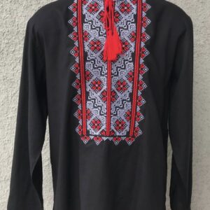 "Чорний льон" чоловіча вишиванка з червоним орнаментом