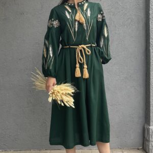 "Подолянка Колоски" жіноча сукня-вишиванка в зеленому кольорі