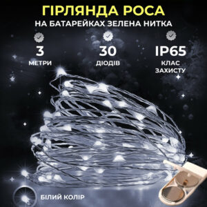 Світлодіодна гірлянда Роса 3 метри на батарейках 30 led нитка на зеленому дроті біла 30L3MGW