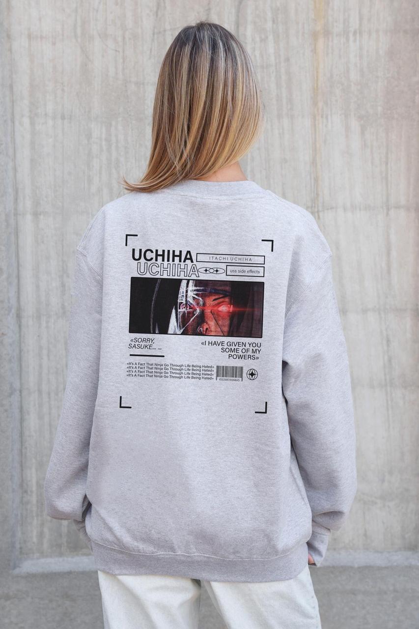 Жіночий Утеплений Оверсайз Світшот На Флісі З Принтом Without Uchiha Gray