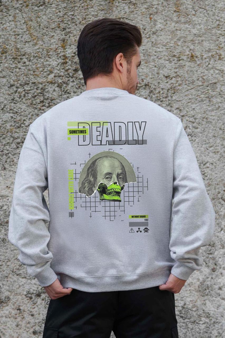 Чоловічий Утеплений Оверсайз Світшот На Флісі З Принтом Without Deadly Gray