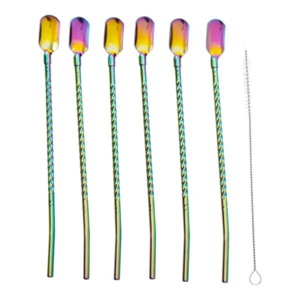 Набір багаторазових ложок-трубочок 6 шт для напоїв 22 см зі щіткою для миття з нержавіючої сталі Хамелеон HP-20-21