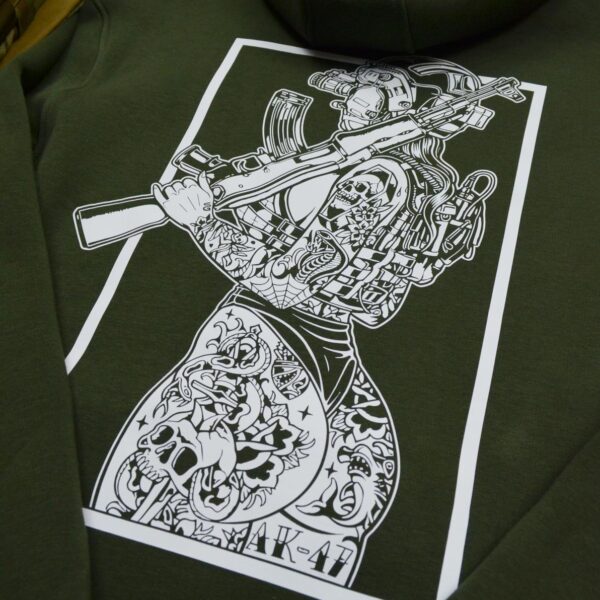 Худі чоловічий на флісі з принтом Sunset Goons дівчина з автоматом тату чорно-білий, Хакі, SGHUDI111103