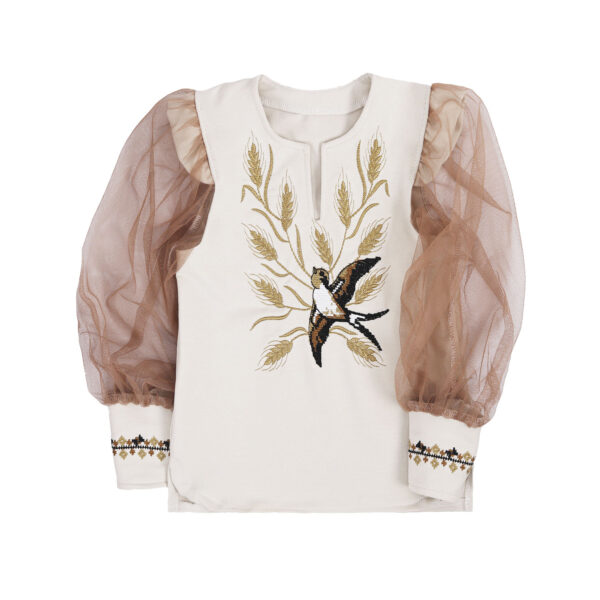 Блуза вишиванка дитяча "Ластівка" фатиновий рукав, Капучіно, 110 (5 років)