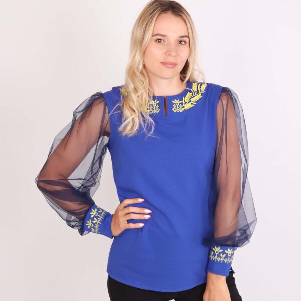 Блуза вишиванка жіноча "Колоски" з фатиновим рукавом, Електрик, S