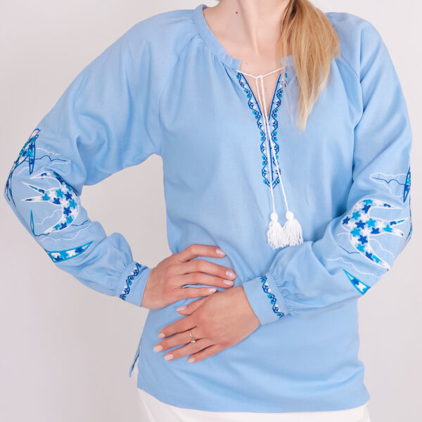 Лляна жіноча вишиванка "Ластівка", Блакитний, S