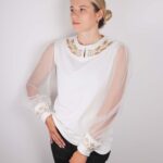 Блуза вишиванка жіноча "Колоски" з фатиновим рукавом, Молочний, L