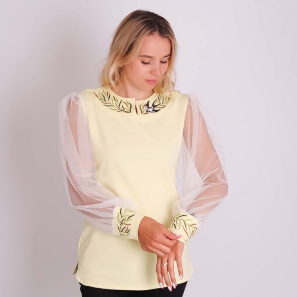 Блуза вишиванка жіноча "Верба" з фатиновим рукавом, Вершково-жовтий, S