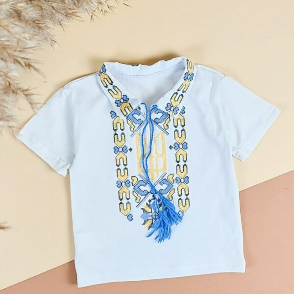 Футболка вишиванка "Тризуб" жовто-блакитний , Білий, 128 (9 років)