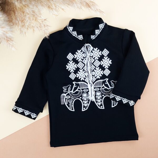 Вишиванка для хлопчика "Коники" довгий рукав, Чорний, 92 (2 роки)